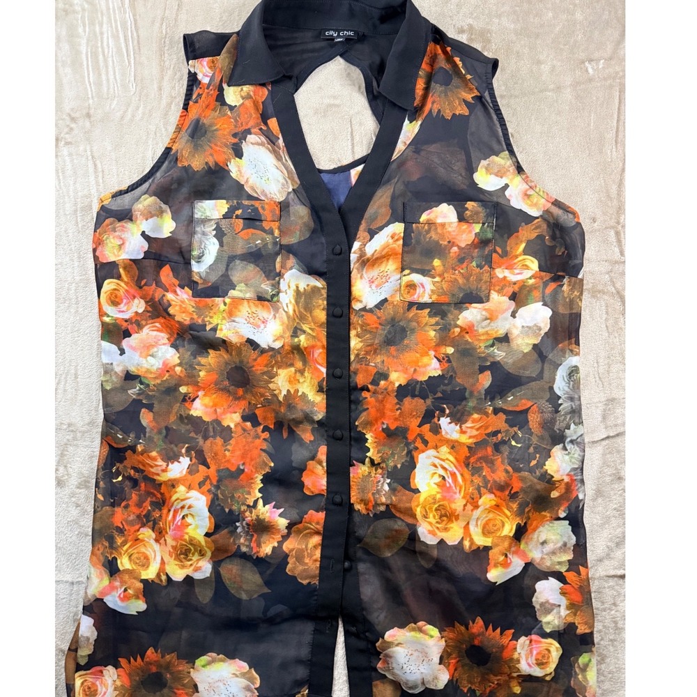 City Chic Womens Plus 18W Black Floral Sunflower Sheer Sleeveless Blouse Cutout‎